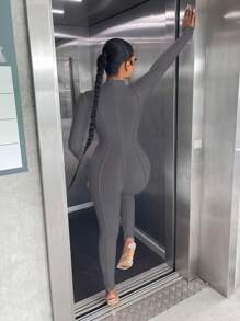 SHEIN SXY 女款立領長袖連身褲 - 深灰色 - 查看 2