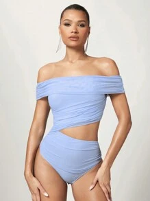 SHEIN BAE Women's Off-Shoulder Pleated Hollow Out Bodysuit - Baby Blue - View 2