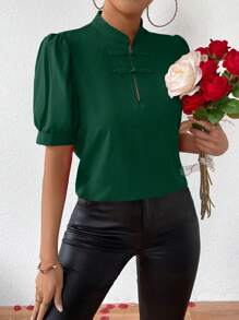 SHEIN Clasi 女士中式泡泡袖扣緊襯衫 - 墨綠色 - 查看 3