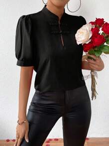 SHEIN Clasi Của phụ nữ Phong cách Trung Quốc Ống tay áo Có nút Áo sơ mi - màu đen - Xem 3