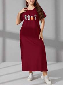 Mulvari Burgundy Red Plus Size Pattern Printed V-Neck Short Sleeve Dress - Burgundy - View 4