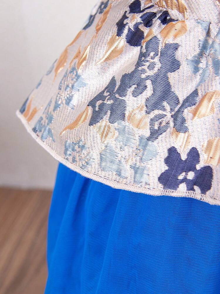 Baby Girl Round Neck Puff Short Sleeve Jacquard Spliced Mesh Dress