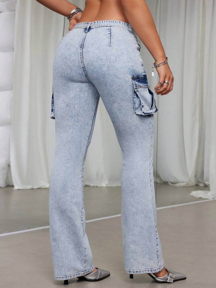 Women's Y2k Flared Jeans With Snowflake Oversized Pockets, Low Waist And Bodycon Look