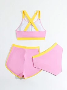 3 Cái/bộ Bộ Bikini Nữ Tuổi Teen In Chữ, Khối Màu Và Họa Tiết Viền Tương Phản Bãi Biển Mùa Hè - Hồng - Xem 2