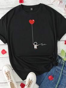 SHEIN EZwear 休闲简约宇航员图案圆领短袖修身夏季大码女式 T 恤 - 黑色 - 查看 9