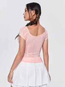 SHEIN MOD Camiseta De Encaje Con Color Contrastante Para Mujer Y Agujetas - Rosa - Ver 2