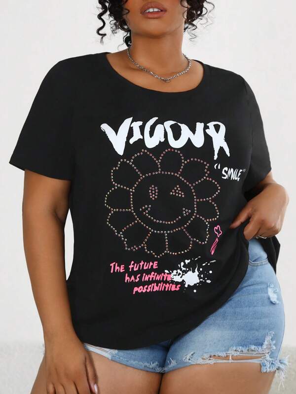 SHEIN CURVE+ Camiseta De Cuello Redondo De Manga Corta Con Estampado De Dibujos Animados Para Mujeres Talla Grande