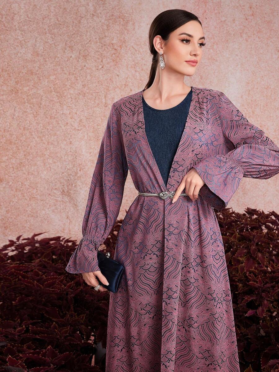 Modelyn Ensemble 2 pièces veste imprimée et robe sans manches côtelée pour femmes - Prune - Voir 1