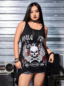 ROMWE Grunge Punk Plus Size Punk Ripped Skull & Wing Print Tank Top, School - Black - View 1