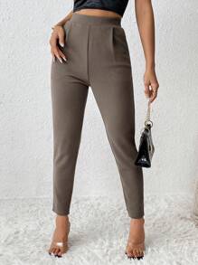 SHEIN PETITE Pantaloni Da Donna A Tinta Unita, Taglio Regolare Con Tasche - Caffè Marrone - Visualizzare 6