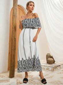 GENKIRA Printed Short Sleeve Off Shoulder Women's Dress - Multicolor - View 1