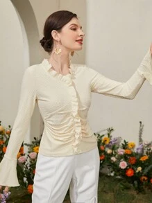 Modelyn 女士純色荷葉邊裝飾t恤 - 杏色 - 查看 4