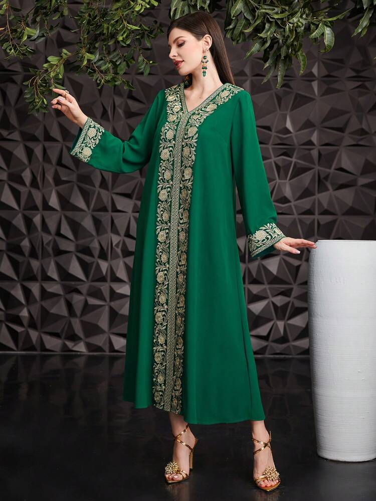 Turkish Style Long Sleeve Dress With Flower Appliques Kaftan Jalabiya Dress