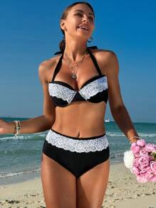 SHEIN Swim Letni komplet bikini z koronką i fiszbinami Carnival
