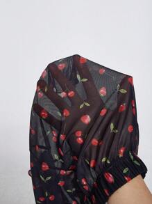 Plus Allover Cherry Print Frill Trim PJ Set / Pajama Set - Black - View 7