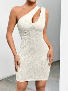 SHEIN Unity 女士镂空单肩无袖纹理连衣裙 - 杏色 - 查看 5