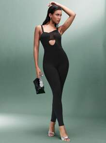 SHEIN BAE Mesh Contrast Unitard Met Uitgesneden Ontwerp Voor Lente/Zomer Festival Feestoutfit