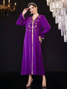 Al Najma Arabic Style Long Sleeve Dress With Rhinestone & Plant Pattern Patchwork Ribbon, Women - Purple - View 5
