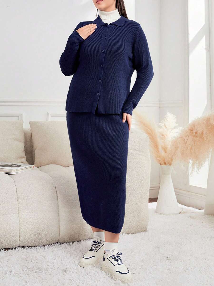 Mulvari Plus Size Women's Solid Color Cardigan And Knitted Skirt Set 2 Piece Set - Navy Blue - View 1