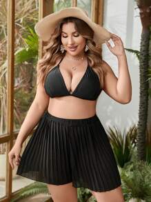 SHEIN Swim Curve 大碼女性純色百摺裙式防曬褲 - 黑色 - 查看 3