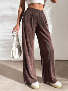 EURMUSE Woven Drawstring Waist Ribbed Pants - Brown - View 4