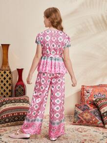 SHEIN Tween-Mädchen Lockeres, süßes Set aus Oberteil mit Rundhalsausschnitt und geometrischem Muster und Hose