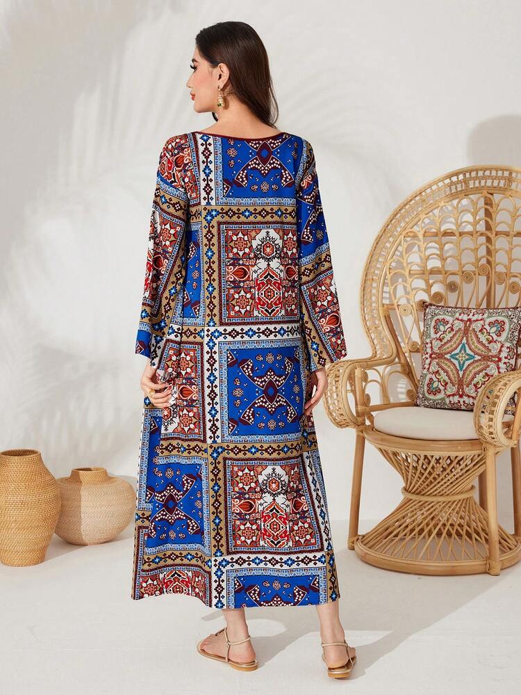 1pc Women's Full-Printed Kaftan With Flared Sleeves