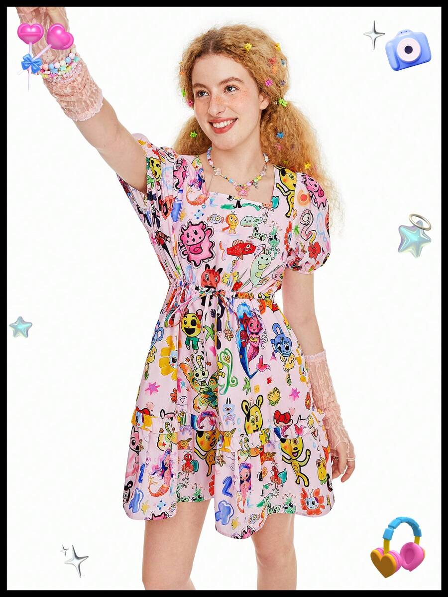 SHEINNeu Kidcore Dopamine動物印花娃娃風方領粉色泡泡袖連衣裙，春季假期音樂會粉色迷你裙，夏季女士夏季裙子夏季服裝 - 彩色 - 查看 1
