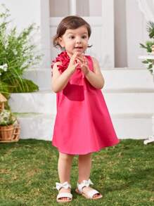 SHEIN Baby Girl Casual Loose Solid Color Sleeveless Dress With Ruffle Hem For Summer - Hot Pink - View 3