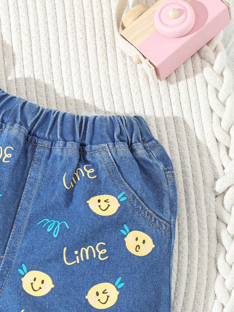 Baby Girl Soft Water Washed Cute Cartoon Painted Alphabet Printed Denim Shirt And Shorts Set