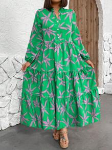 Breezaya Kích thước lớn Của phụ nữ Thực vật In Váy sơ mi - màu xanh lá - Xem 1