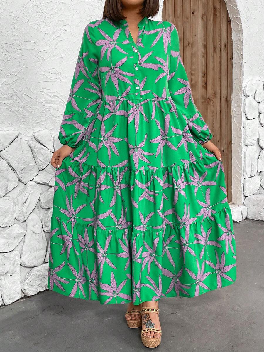 Breezaya Kích thước lớn Của phụ nữ Thực vật In Váy sơ mi - màu xanh lá - Xem 1
