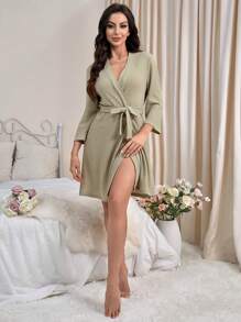 Waffle Texture Fabric Women's Bathrobe For Home, Fall, Cozy Outfit