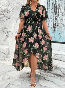 SHEIN Clasi Vestido Envolvente De Talla Grande Con Estampado Floral Y Mangas Cortas Acampanadas - Multicolor - Ver 1