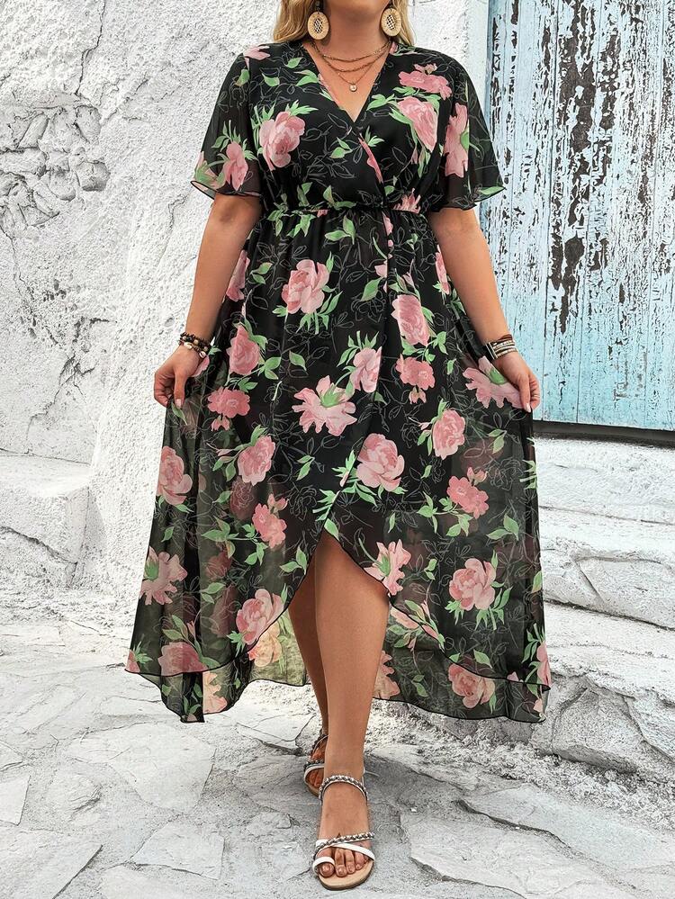 Plus Size Floral Print Wrap Dress With Flared Short Sleeves