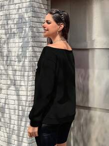 INAWLY 女性信件印花露肩毛衣 - 黑色 - 查看 2