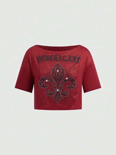 Grunge Punk Maglietta A Maniche Corte A Collo Largo A Barca Morbida Con Spalle Cadenti , Stampa Floreale , Lettere Arricchite Con Fiori E Strass Per Donne