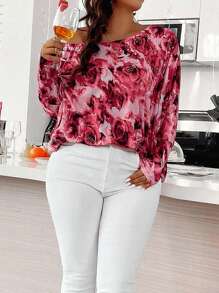 SHEIN Clasi 大尺碼綁染花卉印花不對稱領t恤 - 彩色 - 查看 3