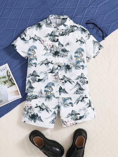 SHEIN Ung pojke står krage Casual matchande kortärmad skjorta och shorts traditionell kinesisk stil outfit