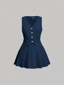 SHEIN MOD 秋冬女士灯芯绒西装背心百褶裙套装 - 藍色 - 查看 1