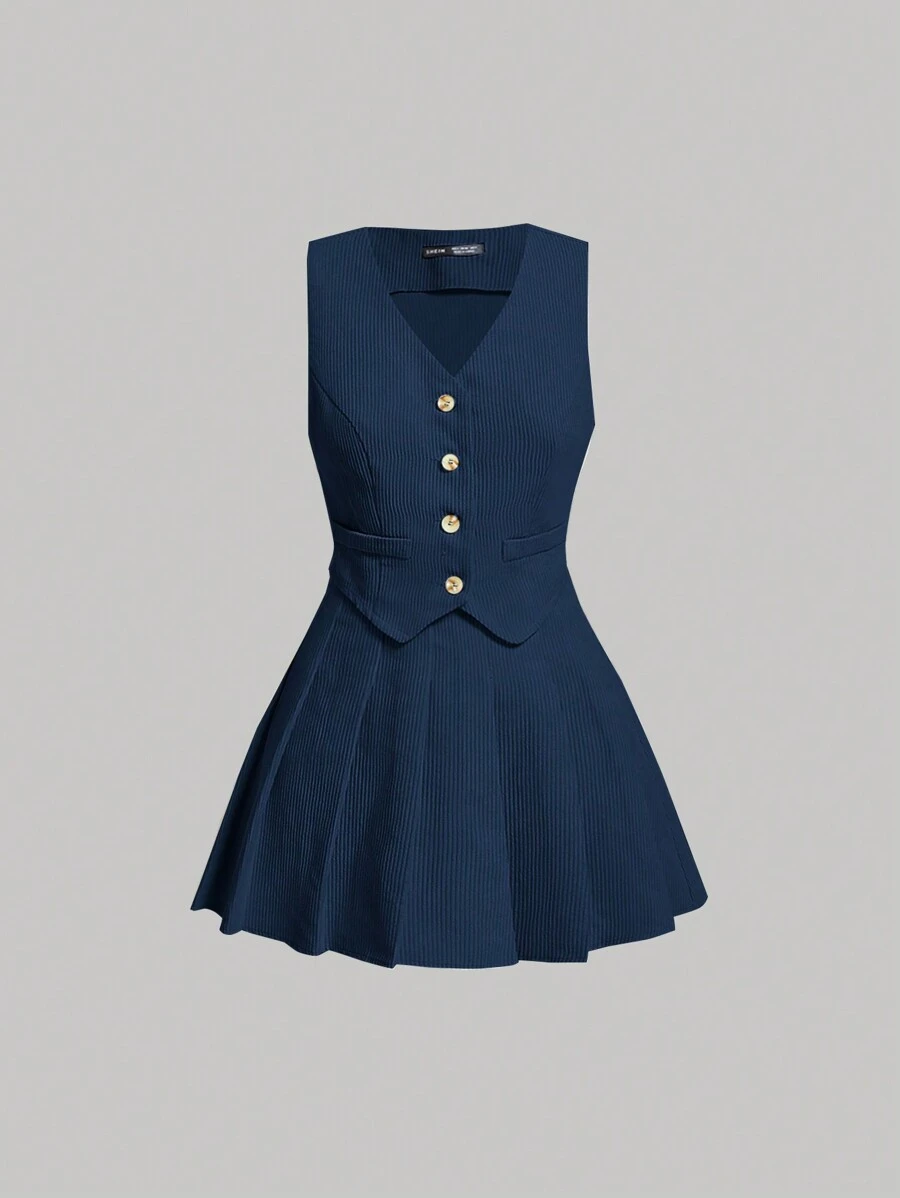 SHEIN MOD 秋冬女士灯芯绒西装背心百褶裙套装 - 藍色 - 查看 1