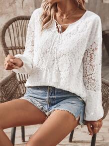 SHEIN LUNE Của phụ nữ Tay áo lồng đèn Ren Áo sơ mi - trắng - Xem 4
