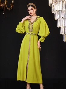 Al Najma Tay áo dài Đầm Với Pha lê Đồ trang trí Và Dệt Cắt tỉa Nổi bật - Màu vàng - Xem 4