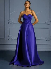 VIPGIRL Elegant Satin Strapless A-Line Gown With High Slit And Sequin Detail,Evening Dress Elegant,Women Evening Party Dress, Prom Dresses For Women,Formal Dress