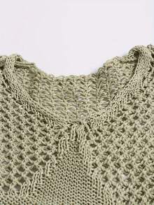 大码女式优雅休闲简约V领镂空纯色针织长袖套头衫，秋冬款 - 橄欖綠 - 查看 1