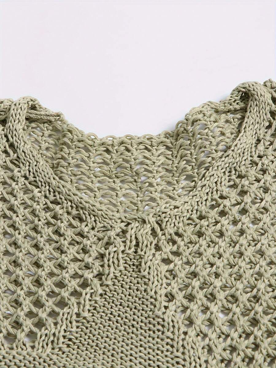 大码女式优雅休闲简约V领镂空纯色针织长袖套头衫，秋冬款 - 橄欖綠 - 查看 1