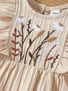 SHEIN Vintaside Kids 2023年時尚休閒可愛拼接波紋條紋刺繡荷葉邊彈性腰嬰兒女裝 - 杏色 - 查看 3