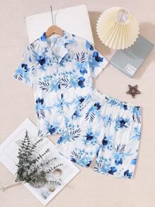 Teen Boy's 2pcs Floral Pattern Homewear Set - Blue - View 1