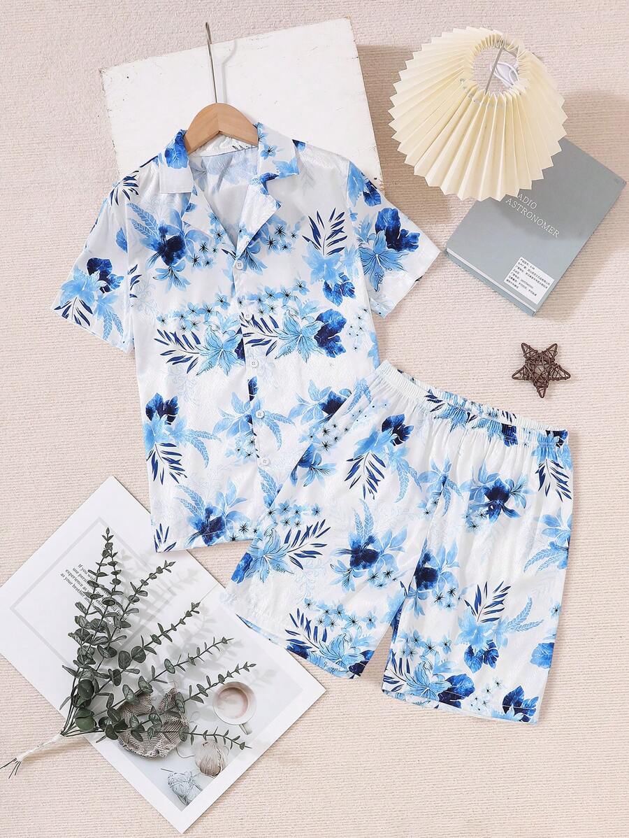 Teen Boy's 2pcs Floral Pattern Homewear Set - Blue - View 1