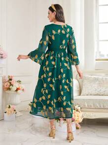Modelyn Women's Floral Leaves Embroidery Trumpet Sleeve Dress Long Evening Dresses Fall Cloth For Women - Green - View 2